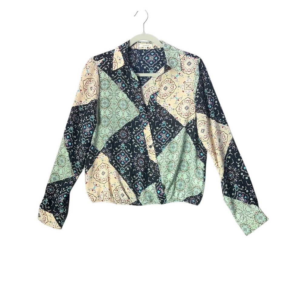 Pleione (Anthropologie) Multicolor Patchwork Print Button Blouse Women's Size M